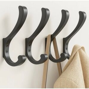 4 Pack Matte Black Double Coat Hooks Rust Resistant Wall Mount Hanger